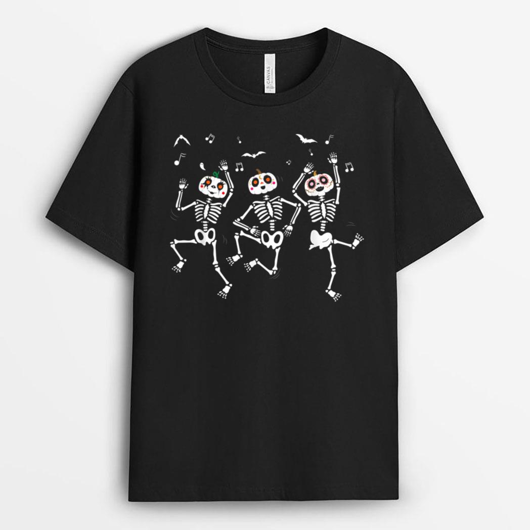 Dancing Skeletons With Sugar Skull Pumpkins and Music Notes T-Shirt