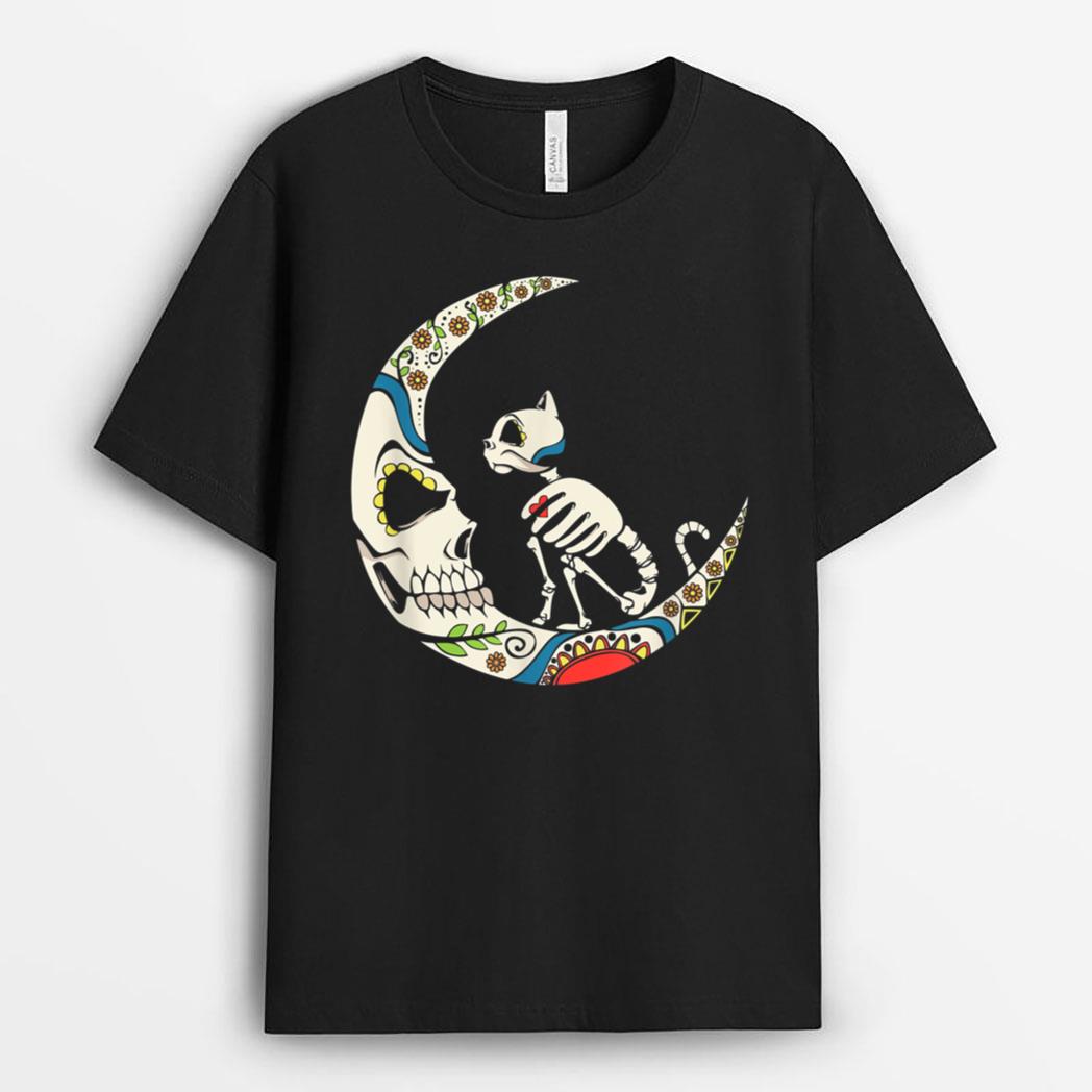 Dia De Los Muertos Crescent Moon And Cat Sugar Skull T-Shirt