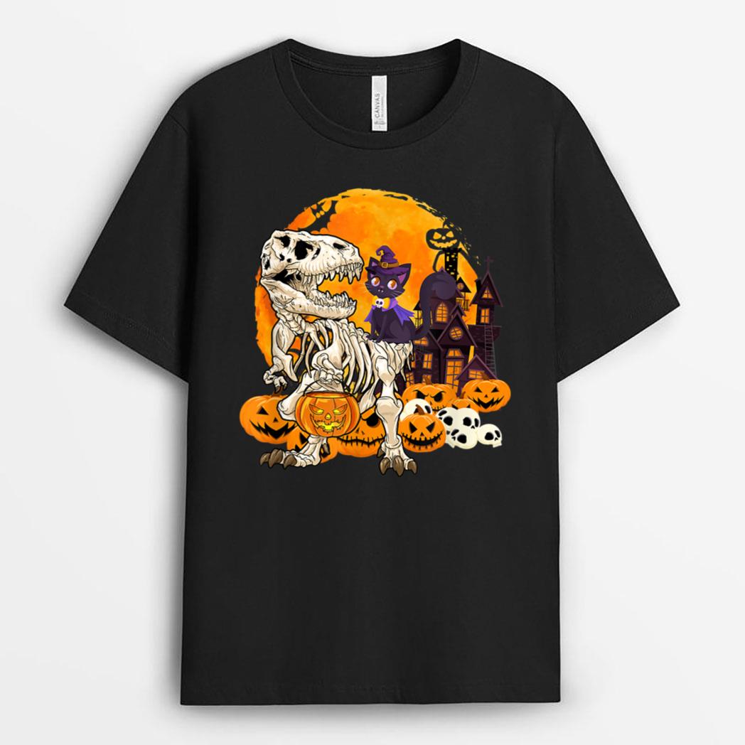 Dinosaur Skeleton Pumpkin With Moon Halloween Cat Witchy T-Shirt