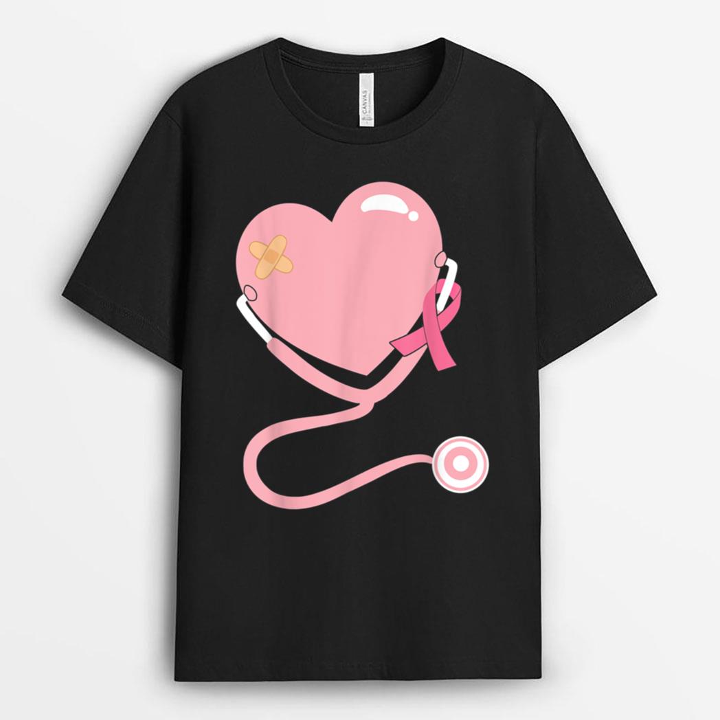 Doctor Nurse Heart Love Pink Ribbon Breast Cancer Awareness T-Shirt