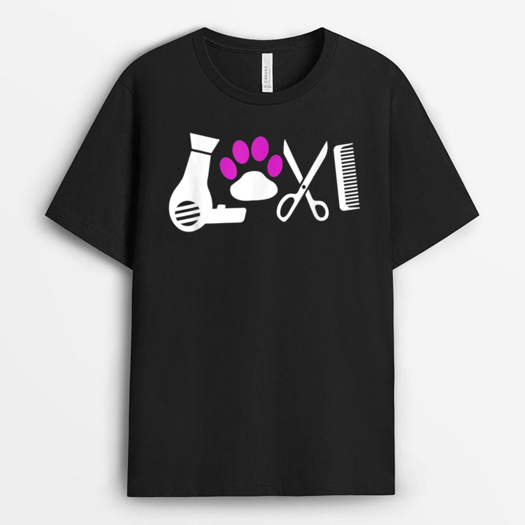 Dog Groomer Love T  Dog Grooming Hairdryer Paw T-Shirt