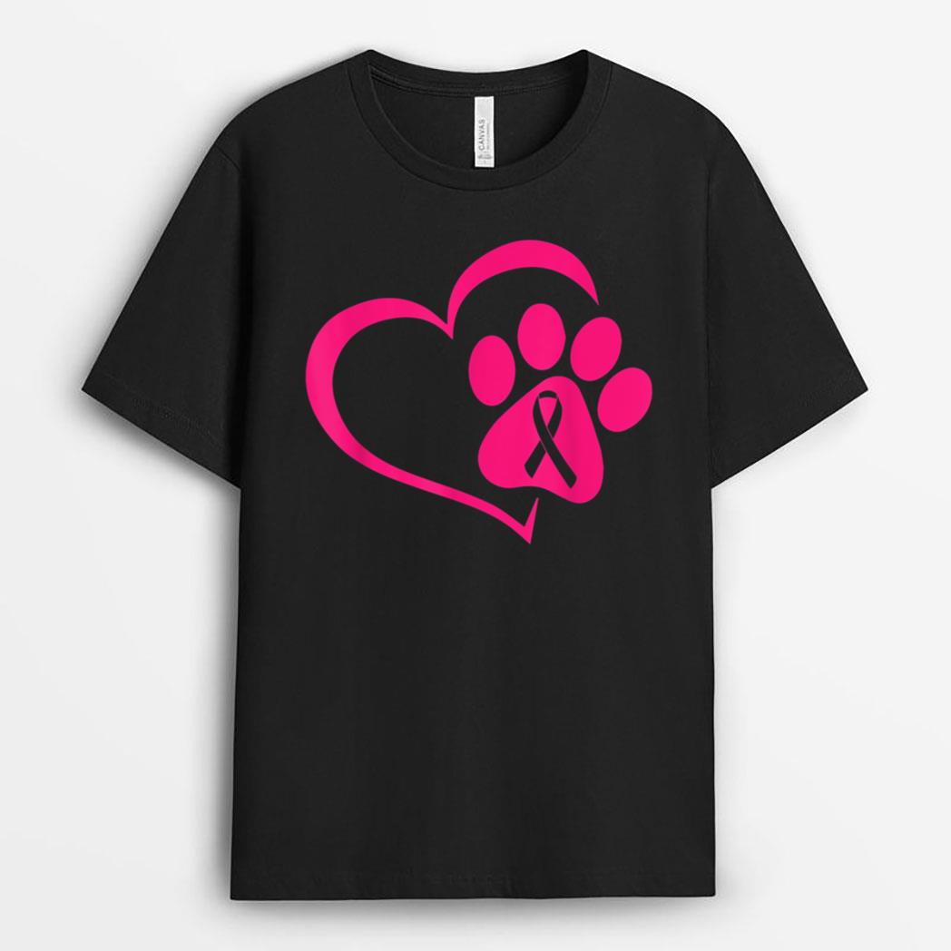 Dog Paw Print Pink Ribbon Breast Cancer Awareness Cute Puppy T-Shirt