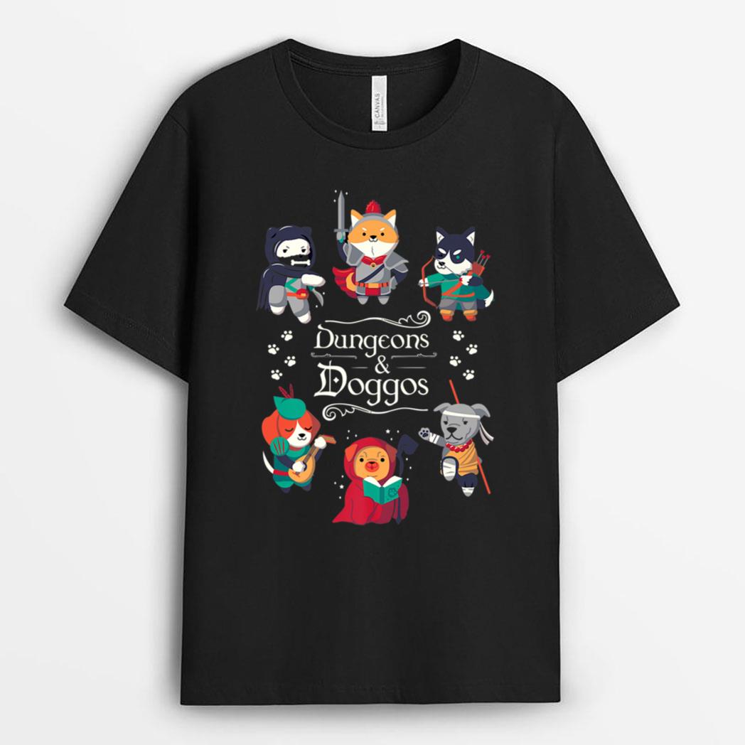 Dungeons and Doggos RPG D20 Dice Nerdy Fantasy Gamer Dog T-Shirt
