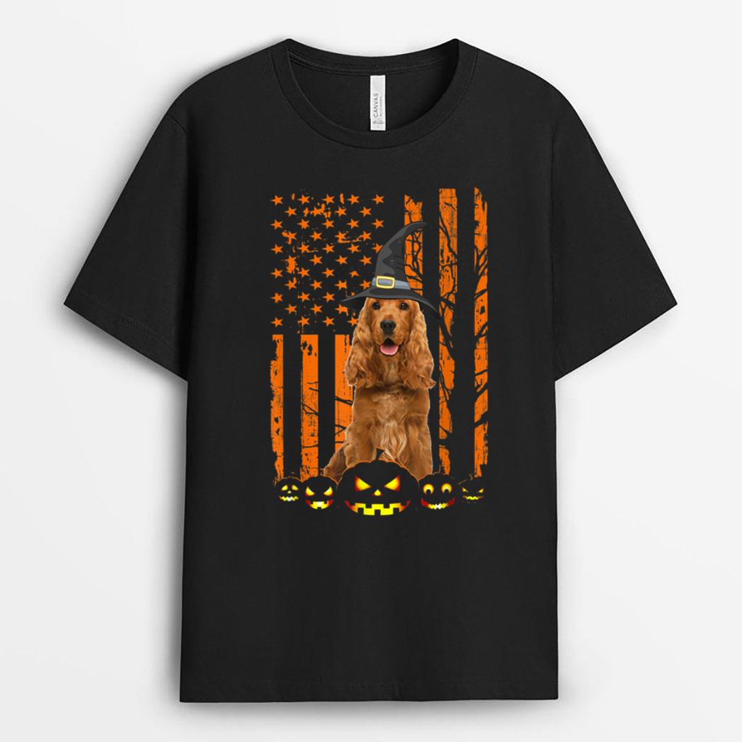 English Cocker Spaniel Dog Pumpkin American Flag Halloween T-Shirt