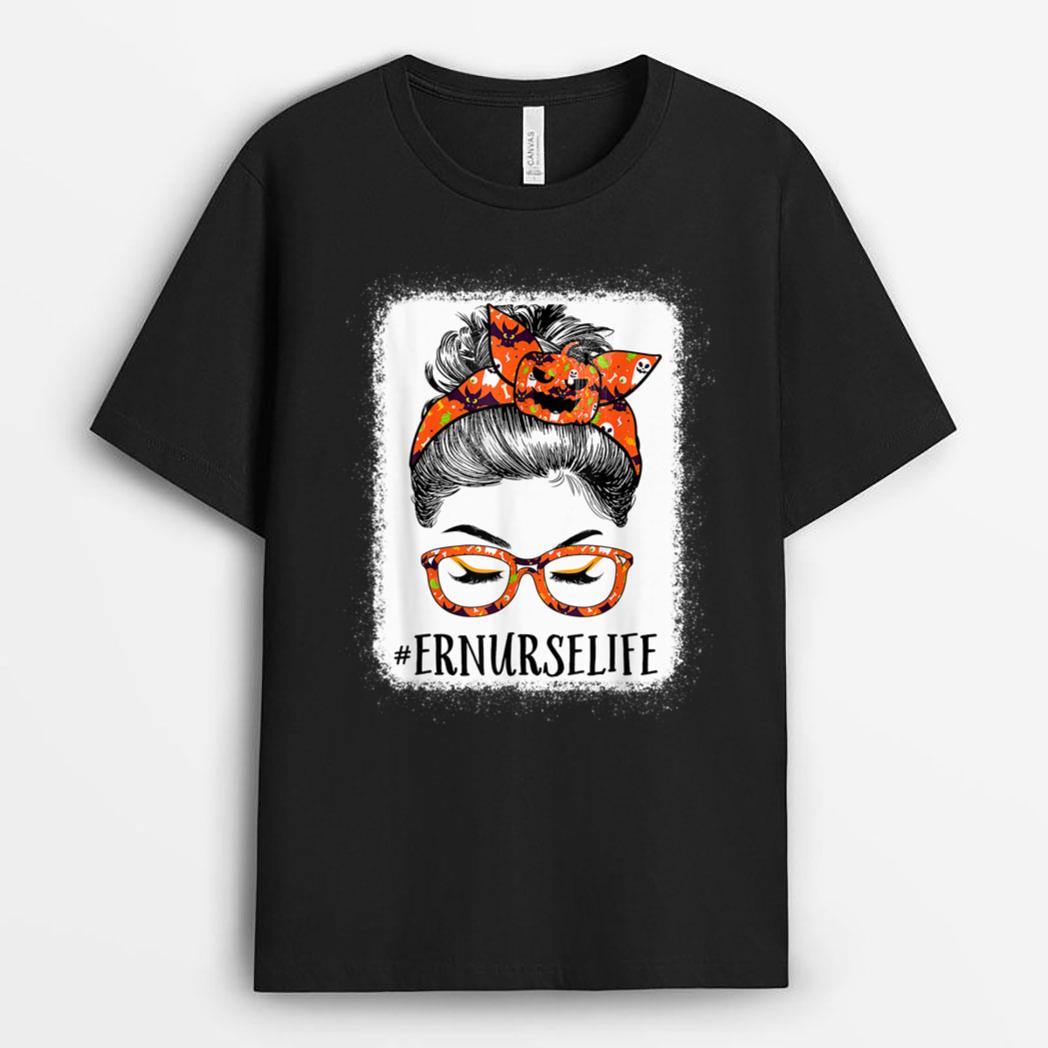 Er Nurse Women Messy Bun Pumpkin Halloween Spider T-Shirt