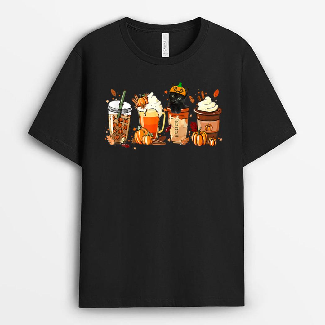 Fall Coffee Pumpkin Spice Latte Iced Autumn Black Cat T-Shirt