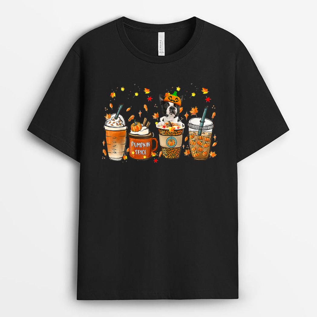 Fall Coffee Pumpkin Spice Latte Iced Autumn Boston Terrier T-Shirt