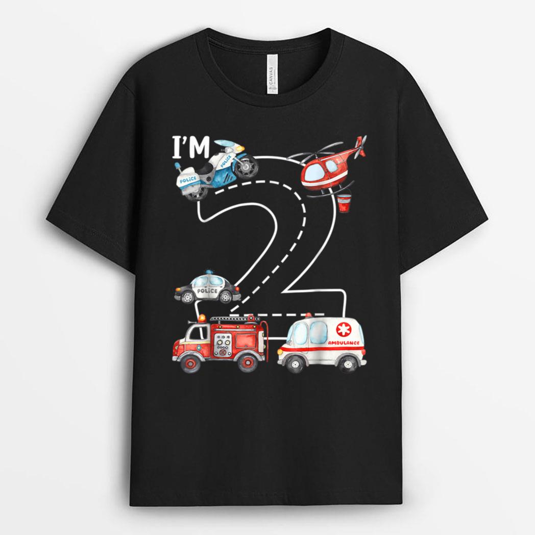 Fire Truck 2nd Birthday Boy 2 Year Old Firefighter T-Shirt