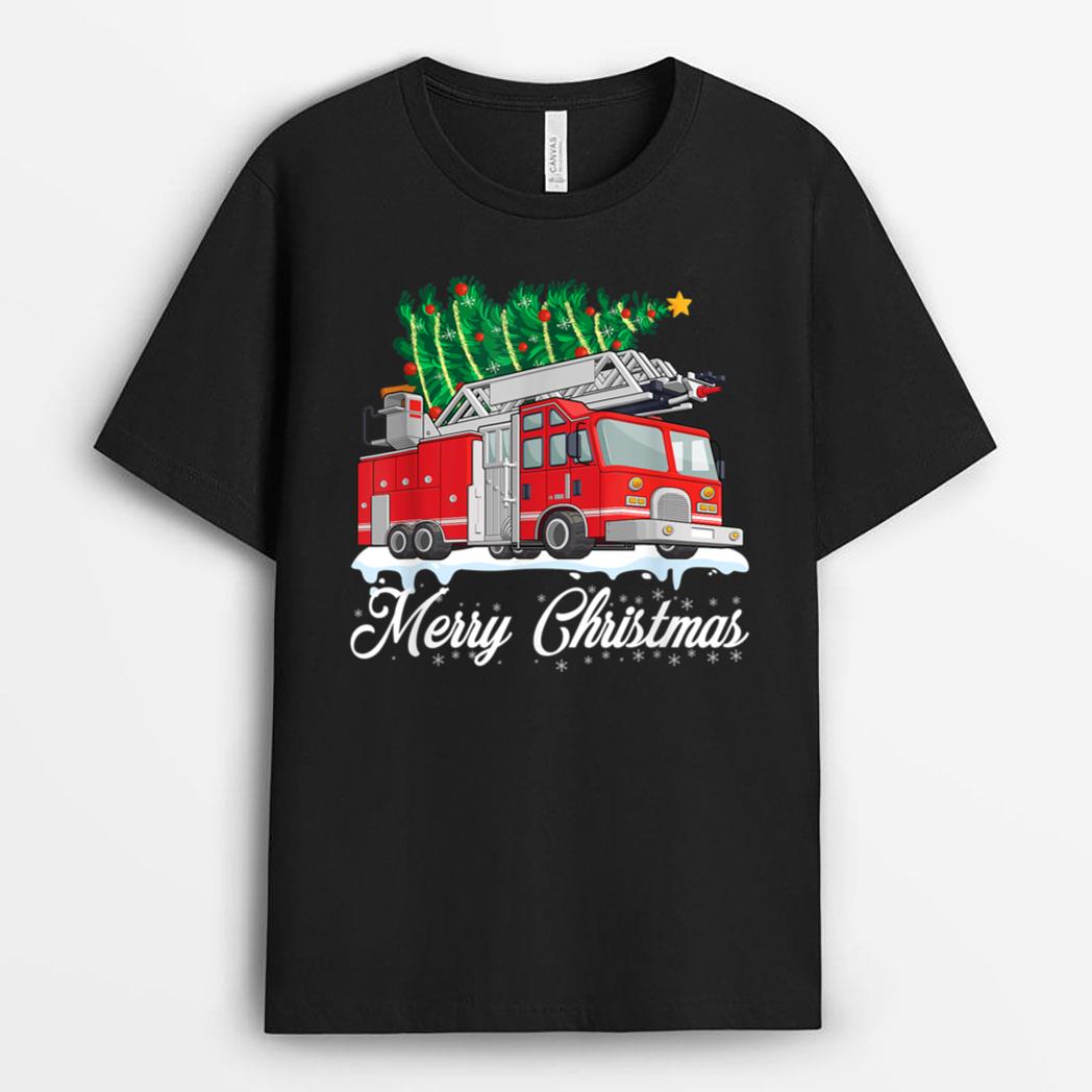 Fire Truck Xmas Tree Boy Toddler Kids Firefighter Xmas T-Shirt