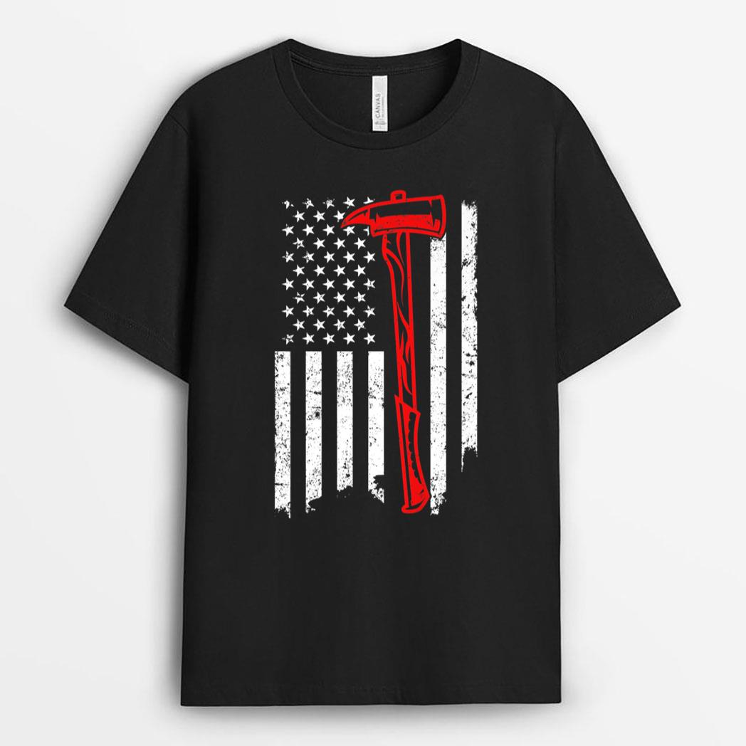 Fireman Patriotic USA Flag Axe Red Line Firefighter T-Shirt