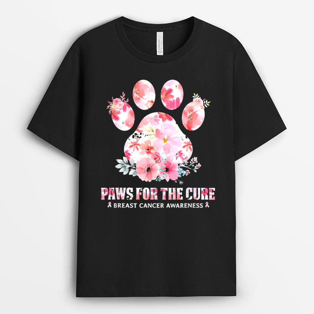Floral Paws For He Cure Dog Cat Breast Cancer Awareness T-Shirt
