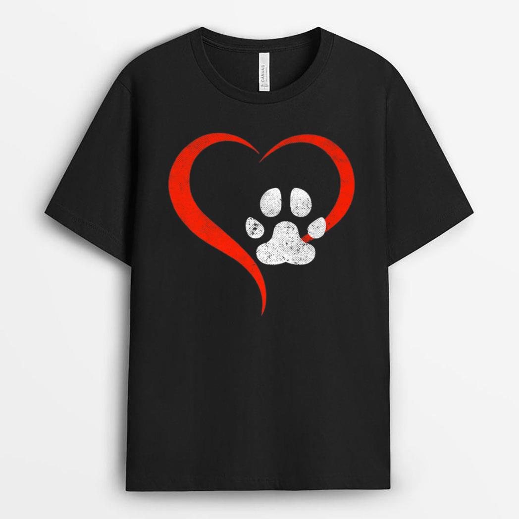 For The Love Of My Dog- Red Heart & White Dog Paw - Grunge T-Shirt