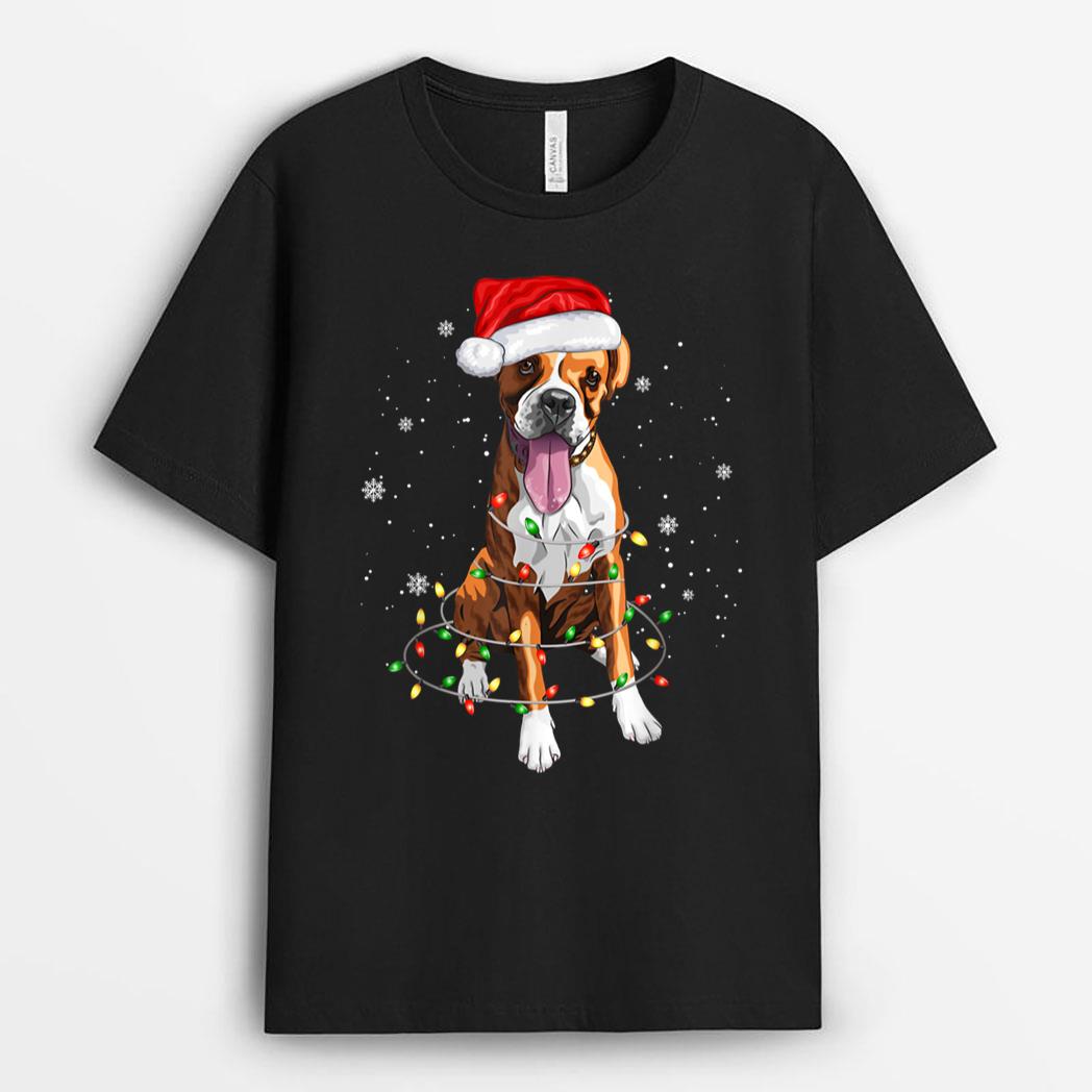 Funny Boxer Dog Tree Christmas Lights Xmas Pajama Matching T-Shirt