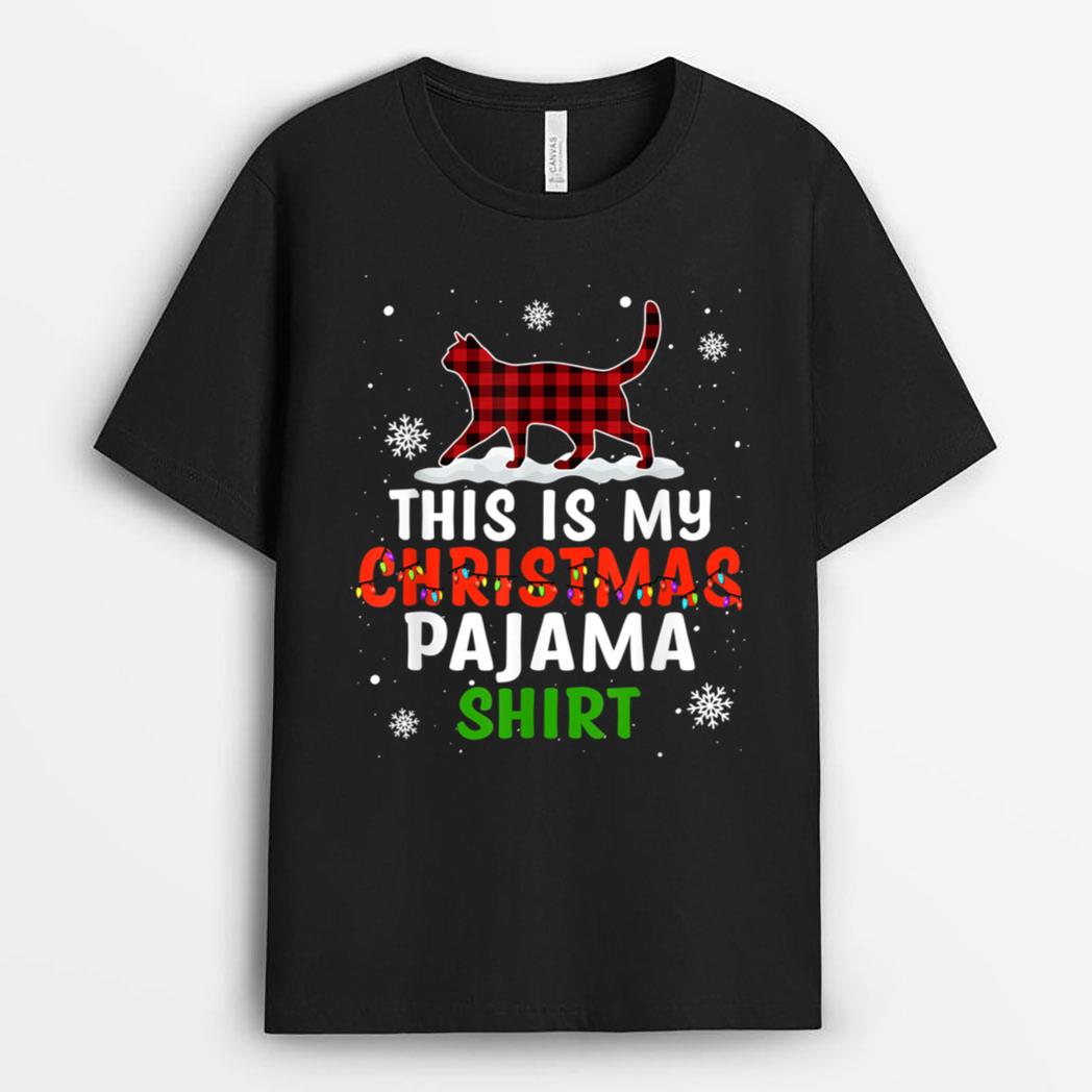 Funny Cat Christmas Lights Buffalo Red Plaid Xmas Gift Girls T-Shirt