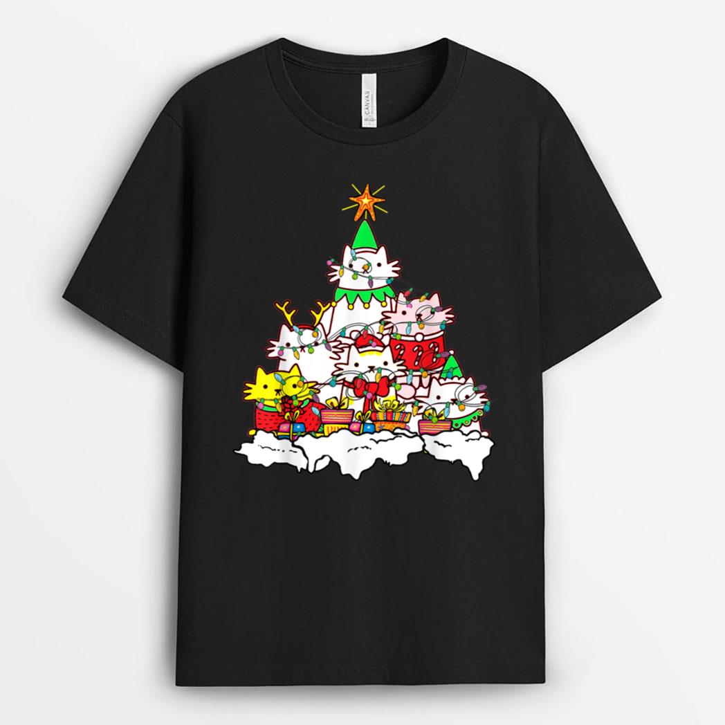 Funny Cat Christmas Tree Lights Costume Matching Pajama Gift T-Shirt