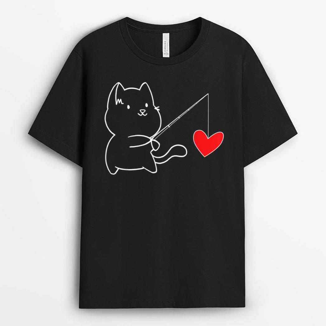 Funny Cat Fishing Heart Valentines Day T-Shirt