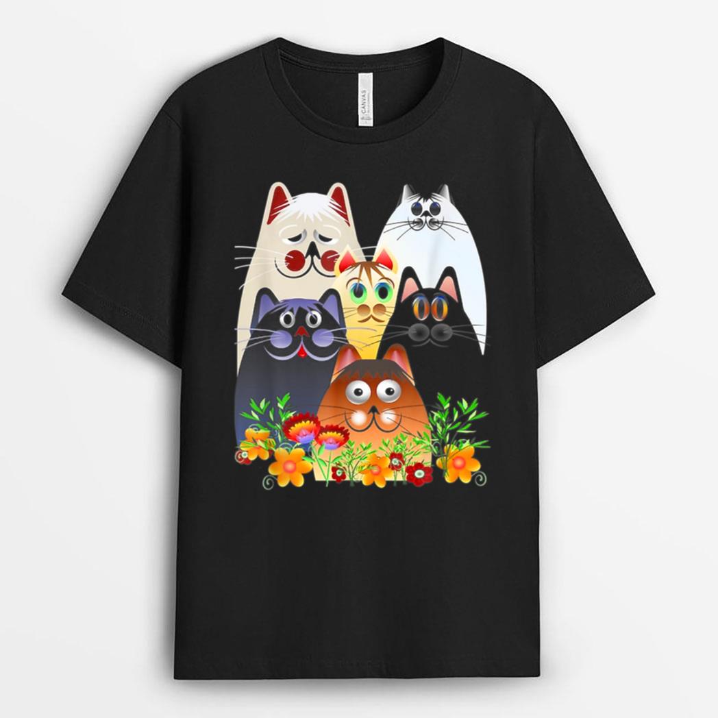 Funny Cat Happy Colorful Flowers T-Shirt