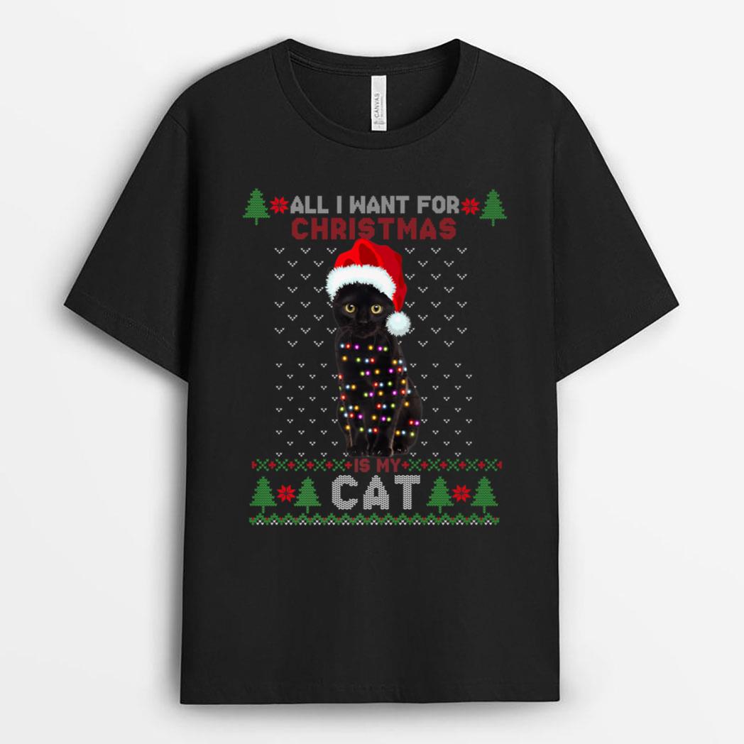 Funny Cat lovers Cute Cat Santa Hat Ugly Christmas Sweater Premium T-Shirt