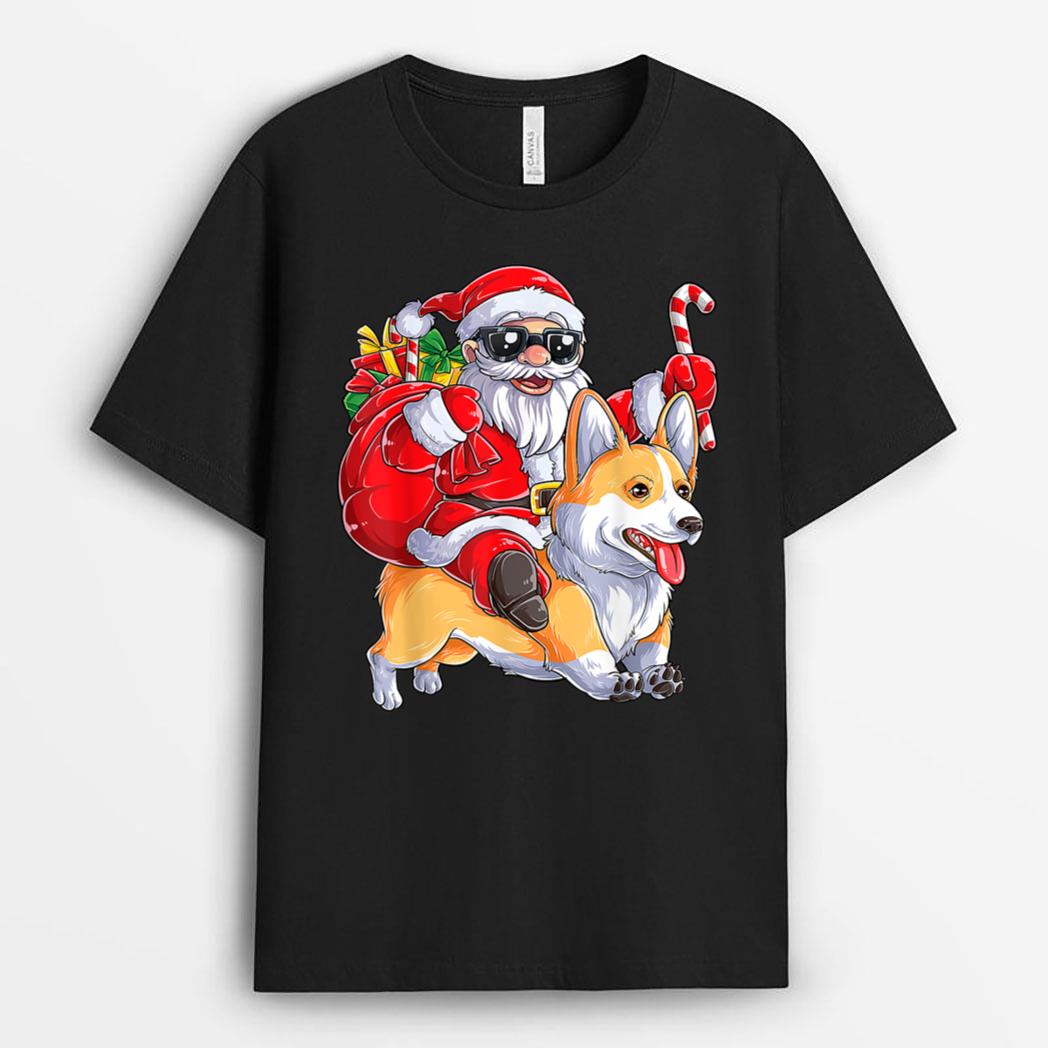 Funny Christmas Santa Claus Riding Corgi Xmas Corgmas Dog T-Shirt