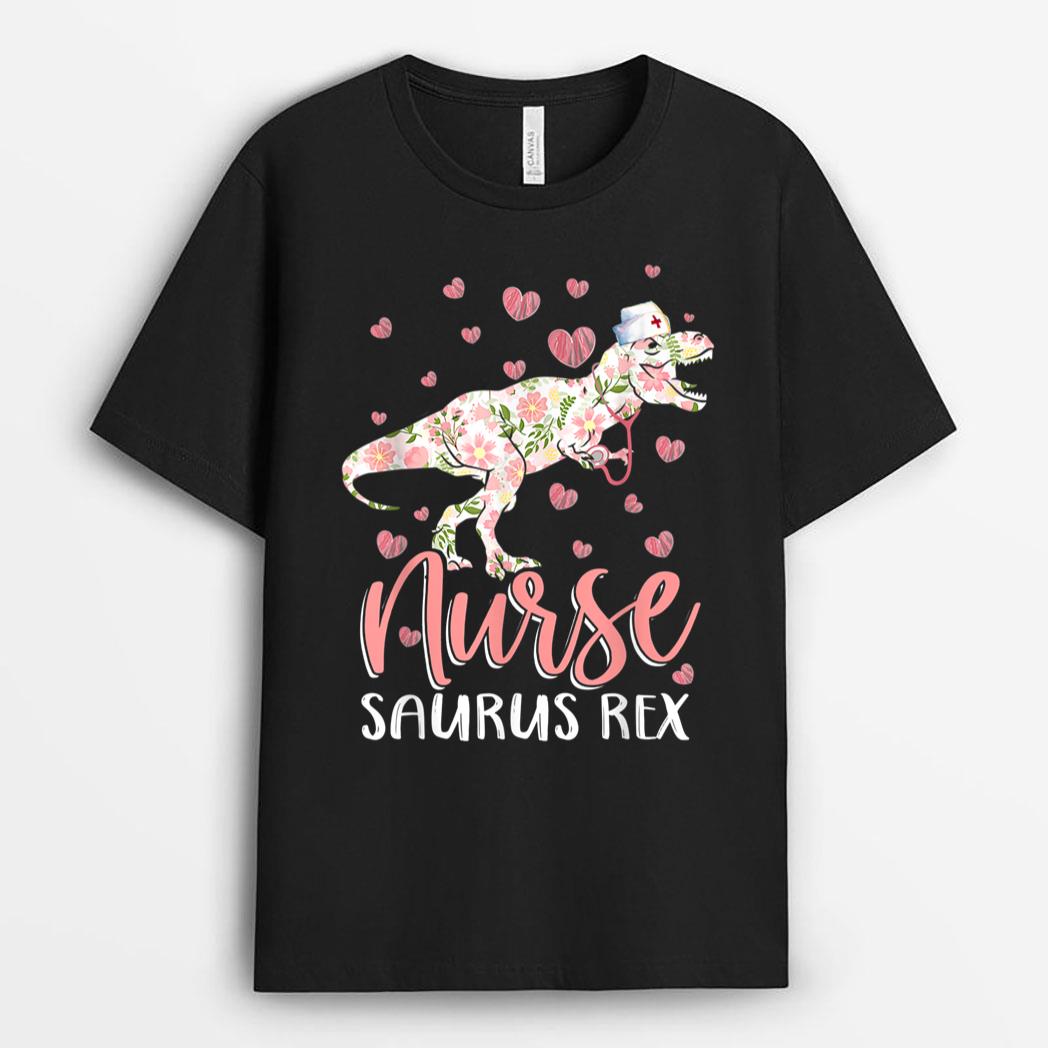 Funny Dinosaur Scrub Nurse Life RN Nursing LPN Floral Mother T-Shirt