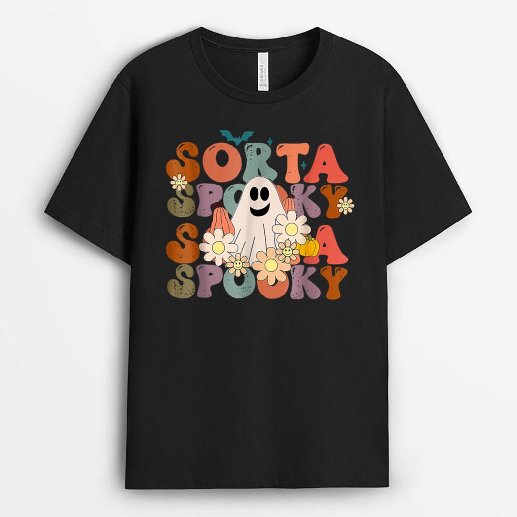 Funny Floral Ghost Halloween Fall Pumpkin Retro Sorta Spooky T-Shirt