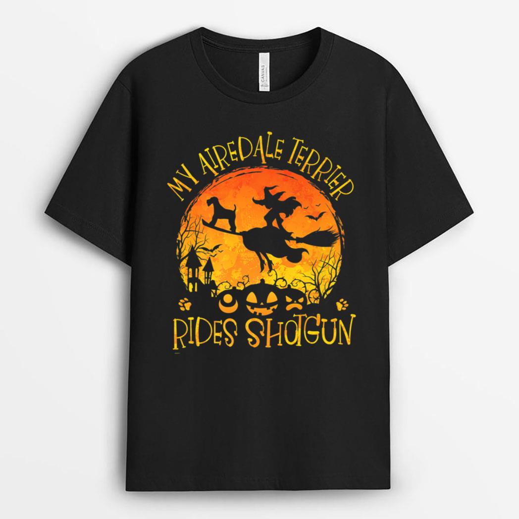 Funny Halloween Airedale Terrier Rides Shotgun Dog Lover T-Shirt