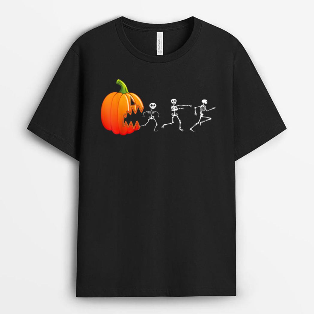 Funny Halloween Pumpkin JackoLantern Eating Chasing Skeleton T-Shirt