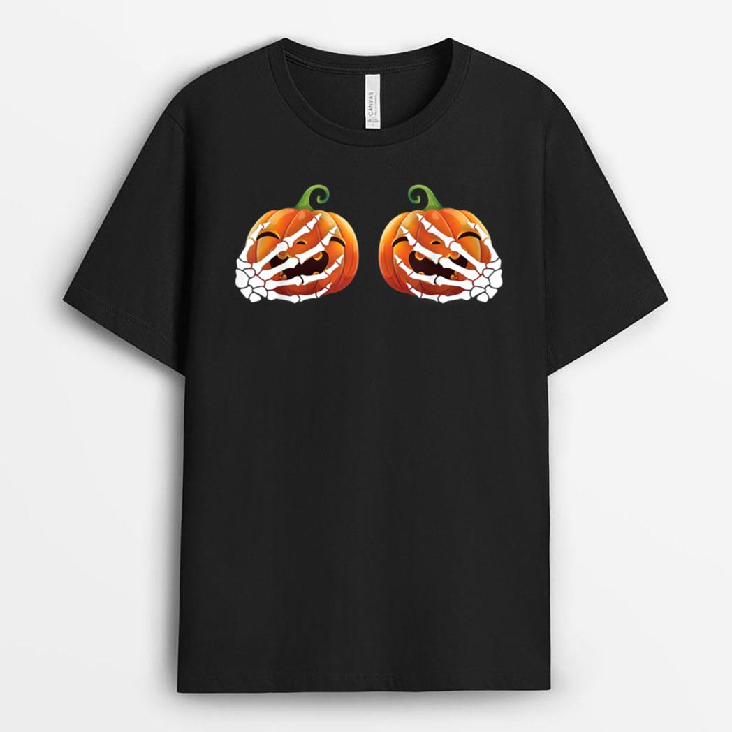 Funny halloweenkeleton Hands Holding Cute Pumpkins Boobs T-Shirt