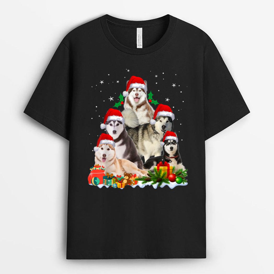 Funny Husky Dog Christmas Tree Cute Xmas T-Shirt