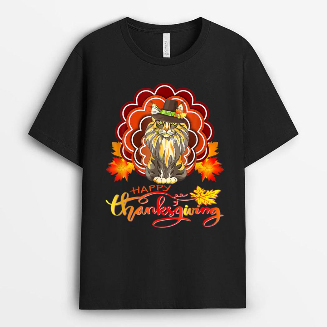 Funny Maine Coon Cat Urkey Happy Hanksgiving T-Shirt
