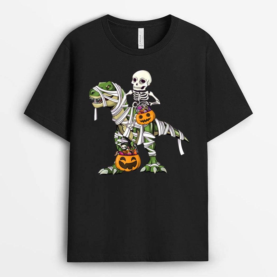 Funny Mummy Dinosaur Trex Halloween Riding Skeleton Pumpkin T-Shirt