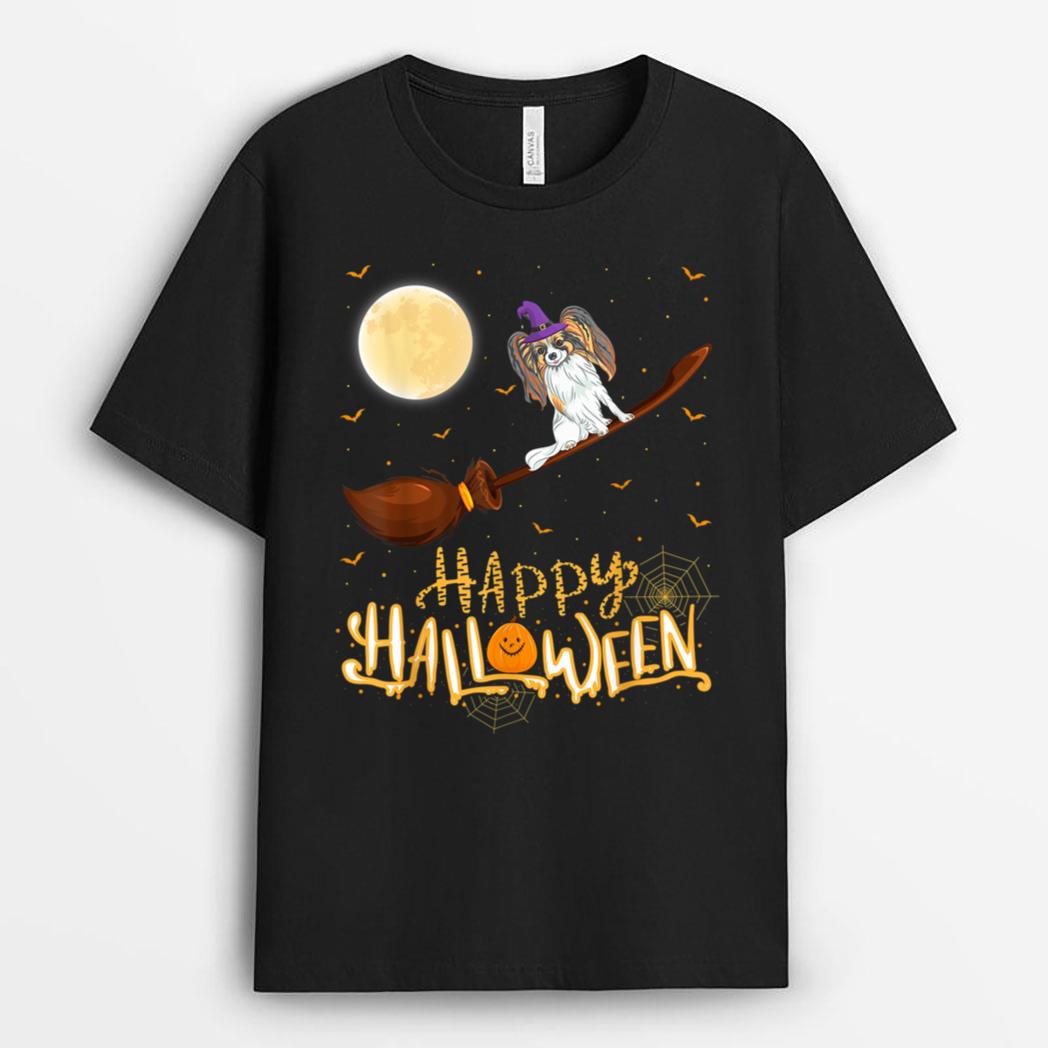 Funny Papillon Ride Witch Shotgun Papillon Dog Halloween T-Shirt