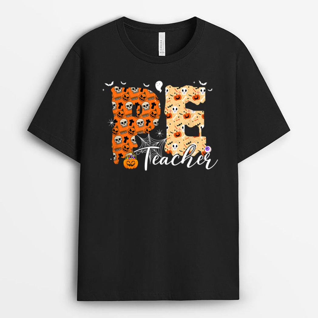 Funny PE Teacher Halloween Costume Pumpkin Fall Skeleton T-Shirt