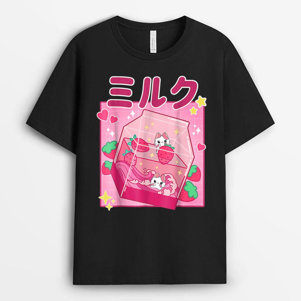 Funny Retro 90s Strawberry Milkshake Carton Kawaii Anime Cat T-Shirt