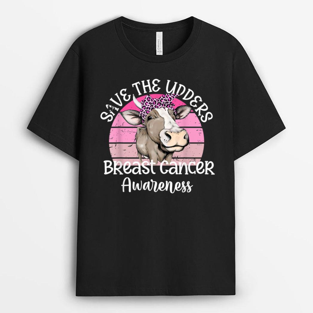 Funny Save The Udder Leopard Cow Farmer Breast Cancer Women T-Shirt