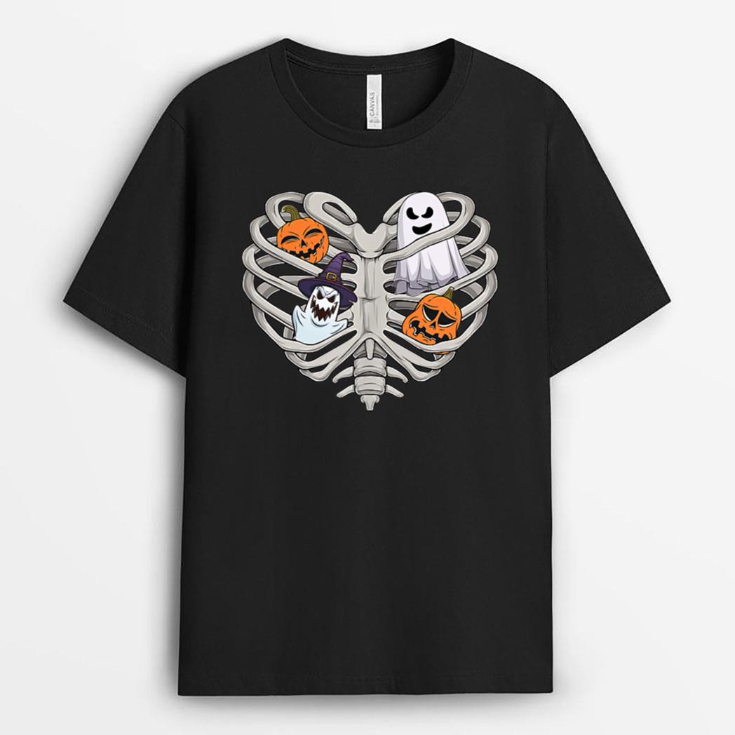 Funny Skeleton Heart Bones Halloween Pumpkin Fall T-Shirt