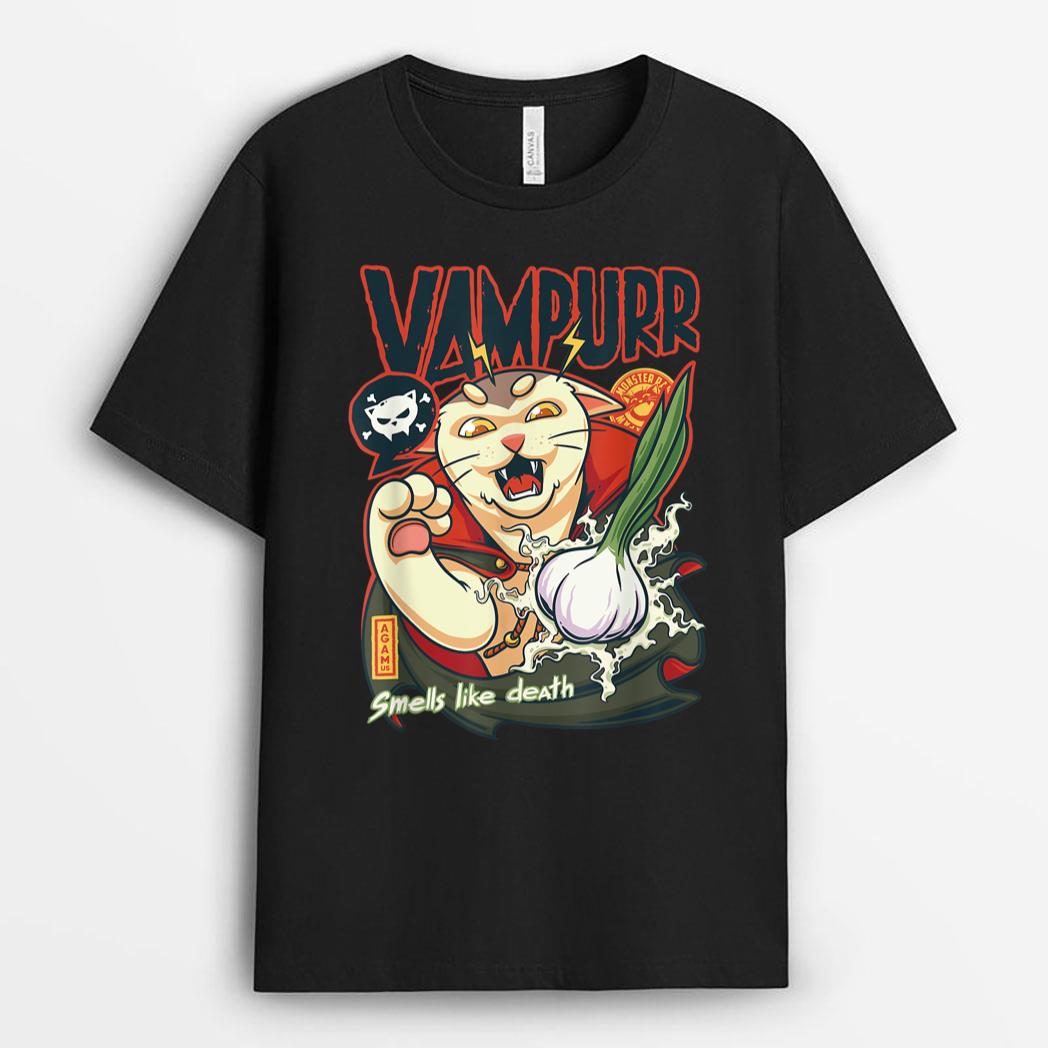 Funny Vampurr vs Garlic Vampire Paws Vampire Cat Halloween T-Shirt