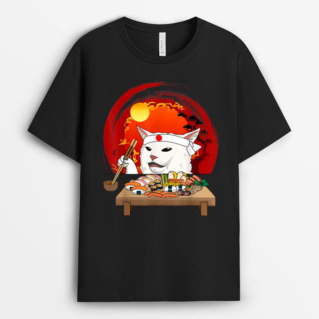 Funny White Cat Meme Eating Sushi Kawaii Sushi Cat T-Shirt