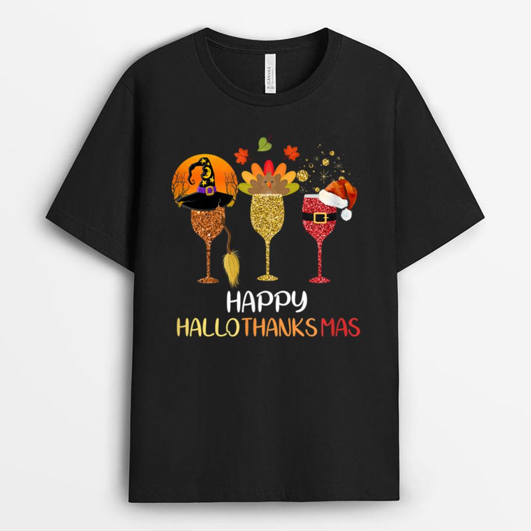 Funny Wine Hallothanksmas Halloween Christmas Thanksgiving T-Shirt