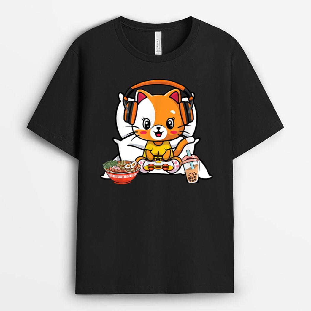 Gamer Cat Boba and Ramen Kawaii Anime Neko T-Shirt