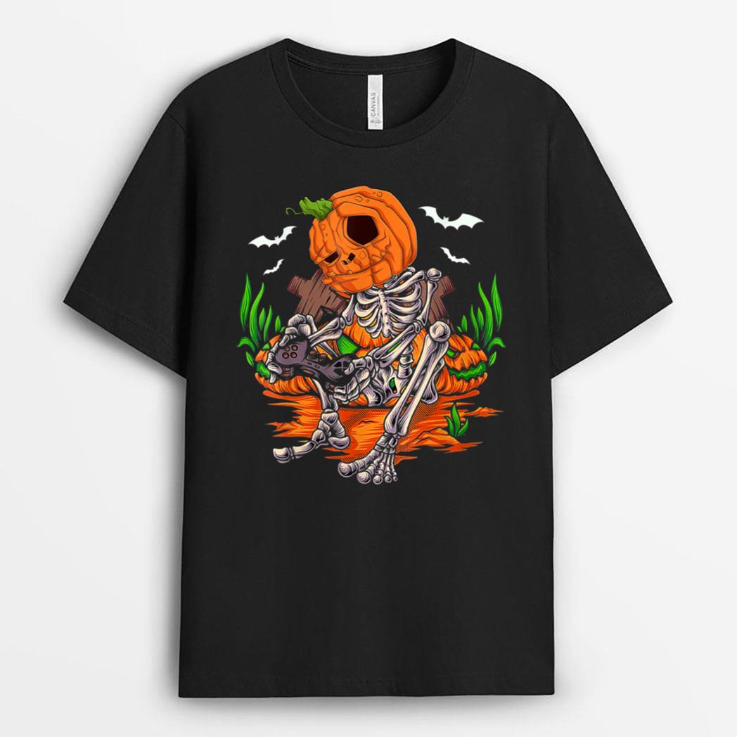 Gaming Halloween Skeleton Jack O Lantern Gamer Boys Kids Men T-Shirt