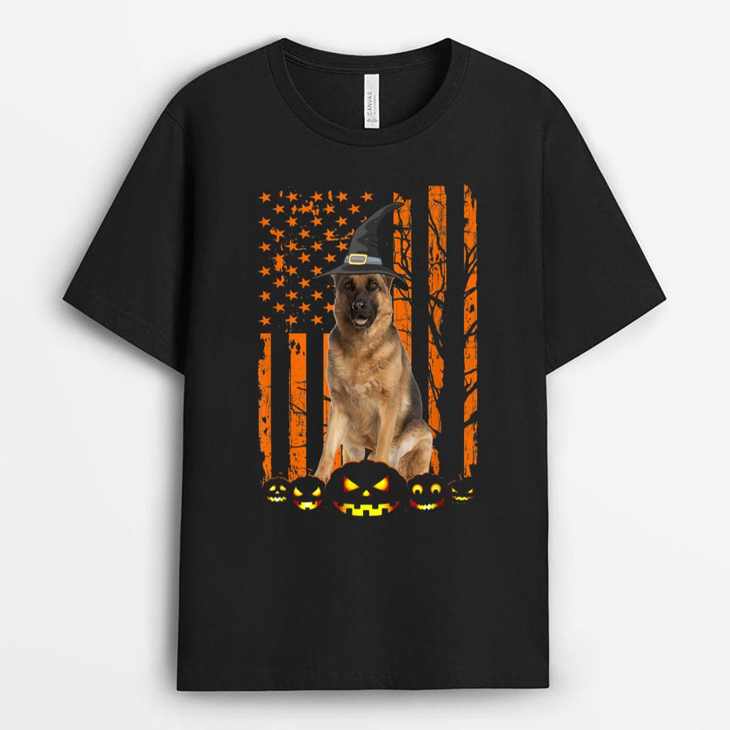 German Shepherd Dog Pumpkin American Flag Witch Halloween T-Shirt