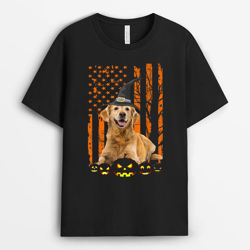 Golden Retriever Dog Pumpkin American Flag Witch Halloween T-Shirt
