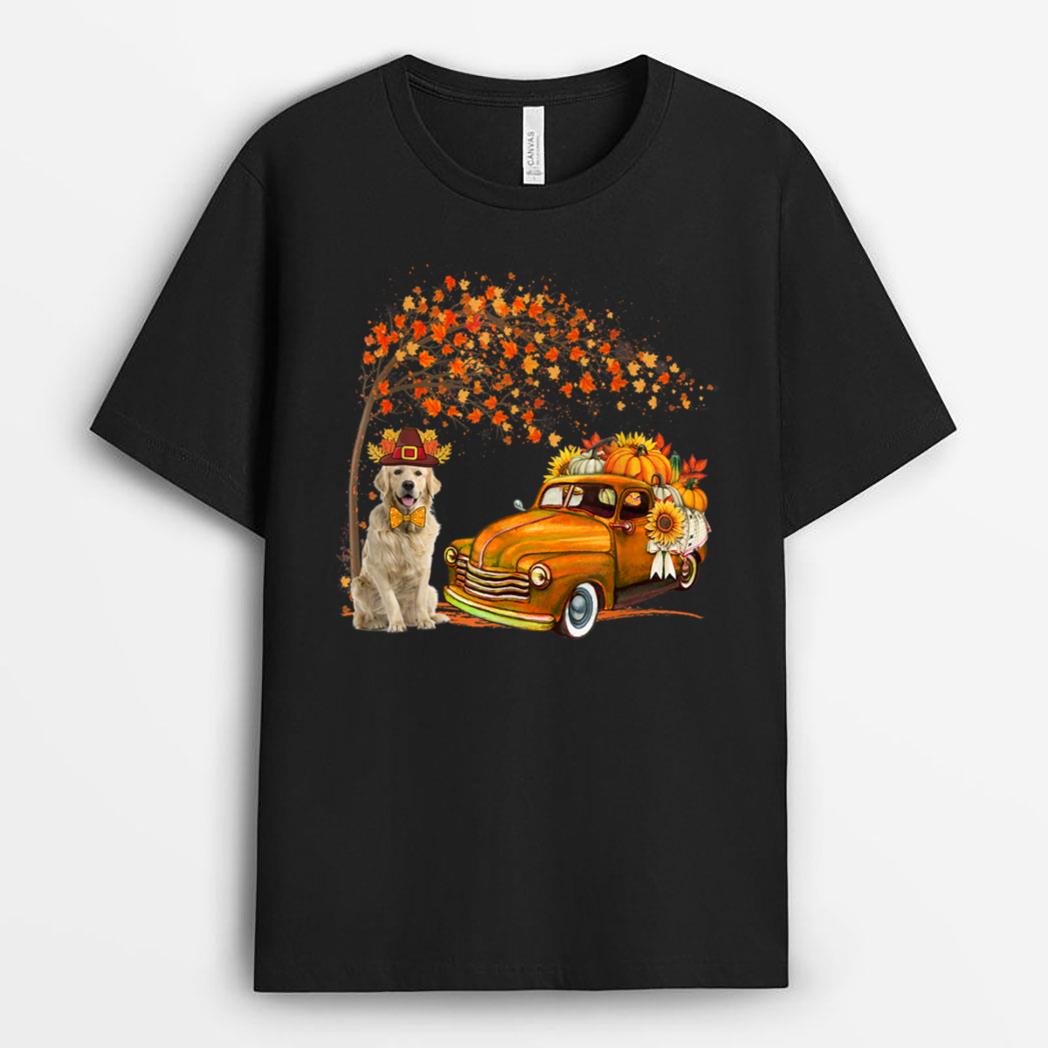 Golden Retriever Wearing Hat Fall Tree Pickup Truck Pumpkins T-Shirt