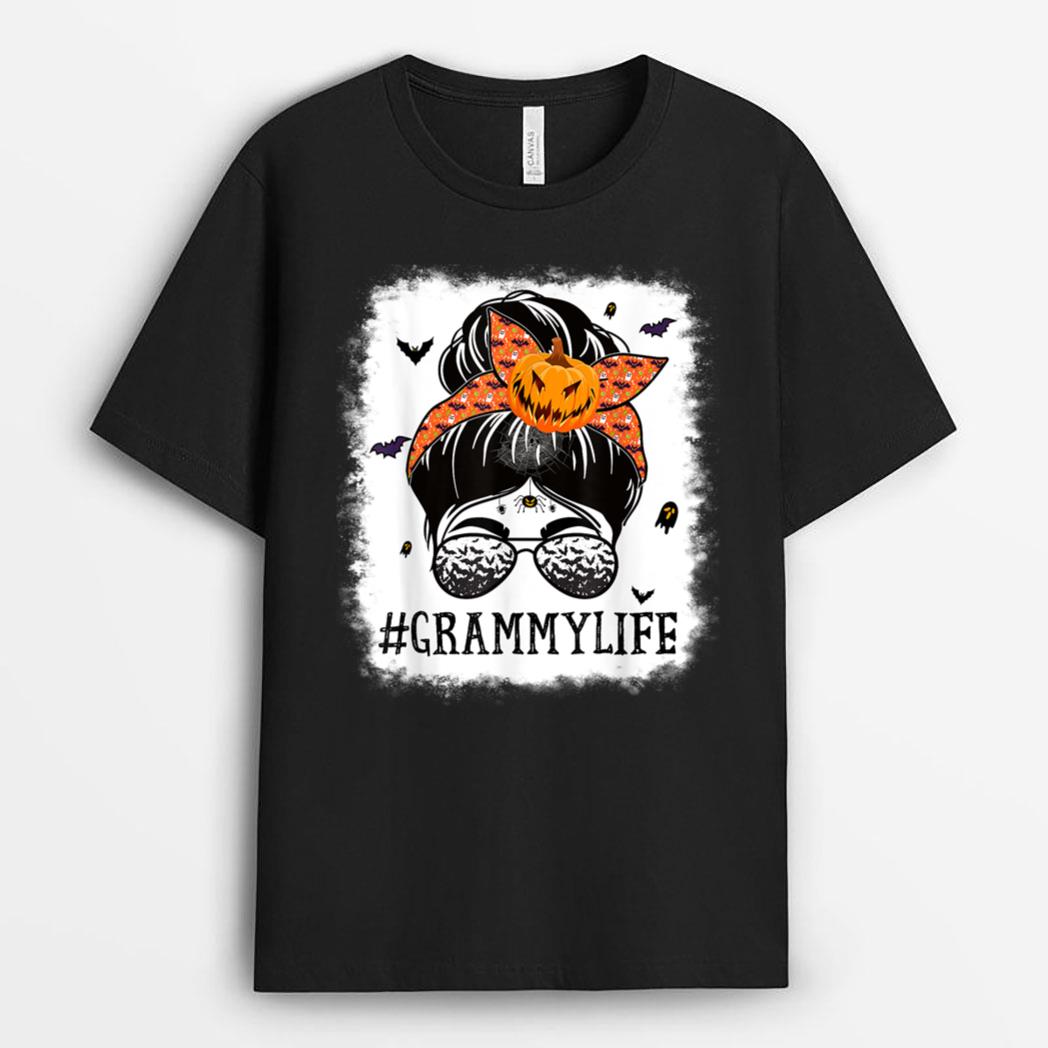 Grammy Messy Bun Spooky Pumpkin Grandma Halloween Costume T-Shirt