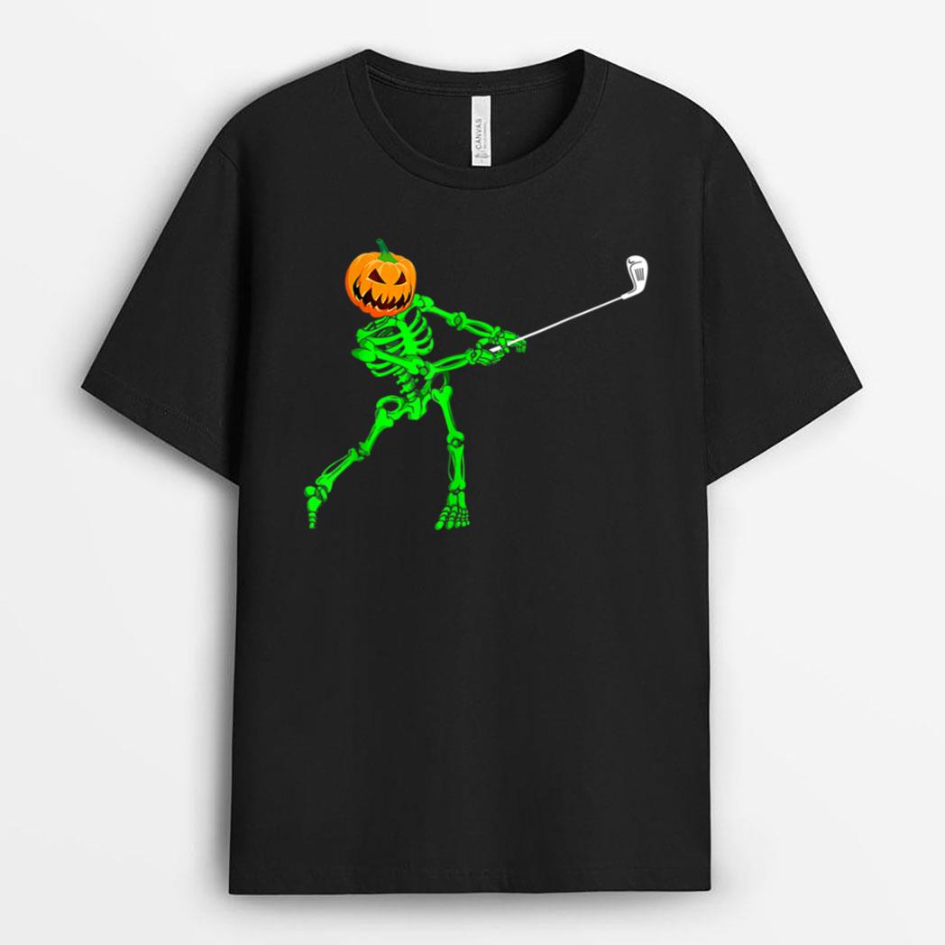 Green Skeleton Golf Halloween Pumpkin Golfing Golfer T-Shirt