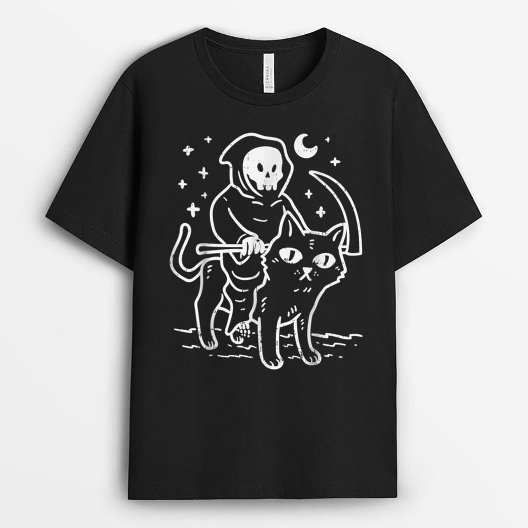 Grim Reaper Riding Cat Moon Funny Death Halloween Costume T-Shirt