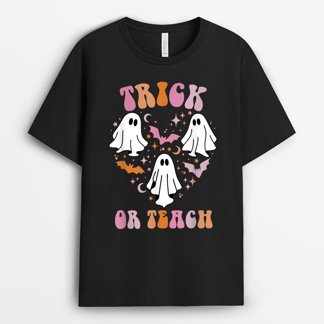 Groovy Cute Heart Ghost Spooky Halloween Trick Or Teach T-Shirt
