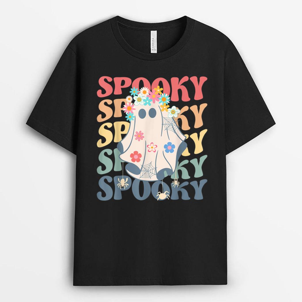 Groovy Halloween Spooky Ghost and Colorful Daisy Costume T-Shirt