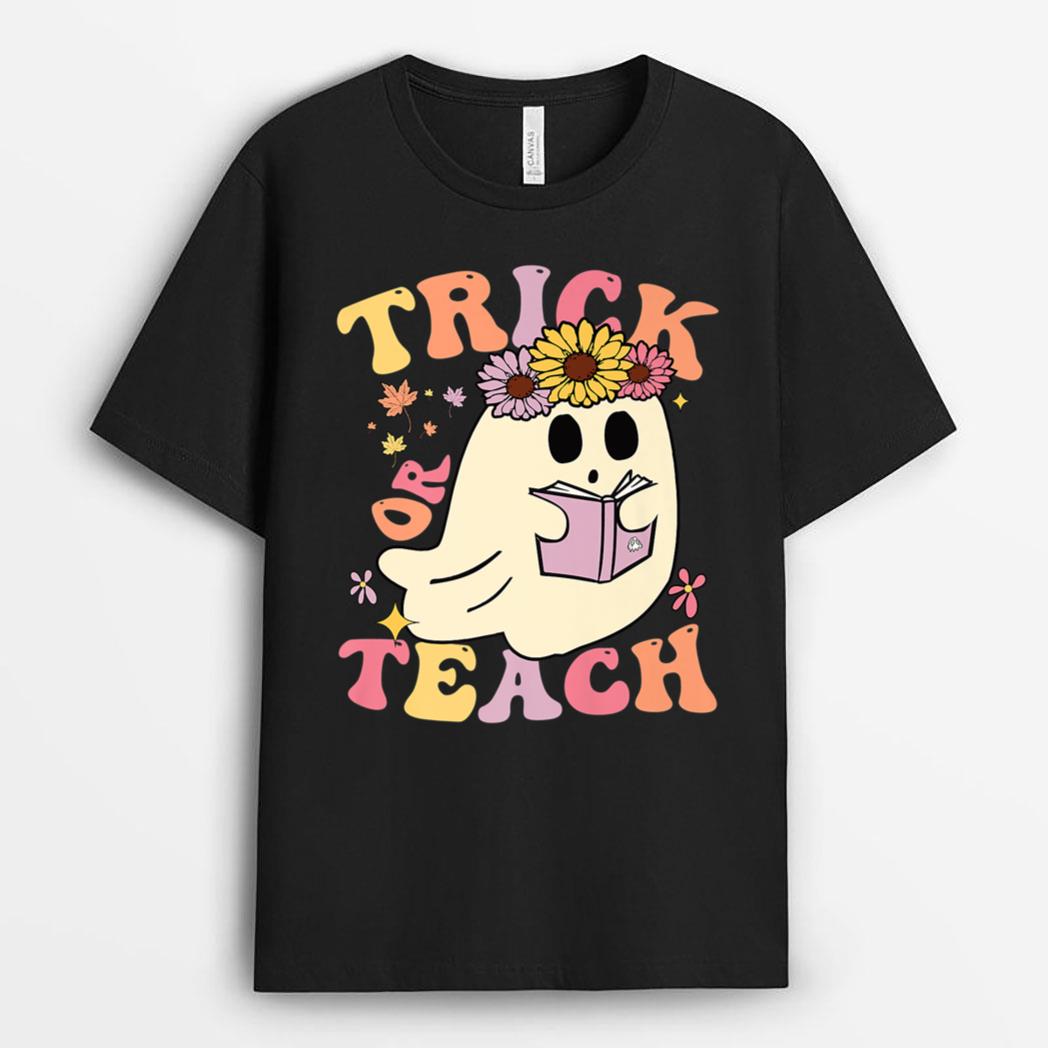 Groovy Halloween Trick or Teach Retro Floral Ghost Teacher Ver 1 T-Shirt